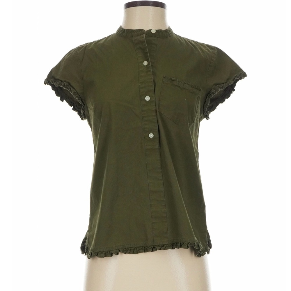 J. Crew Olive Green Ruffle Sleeve Button-Front Top